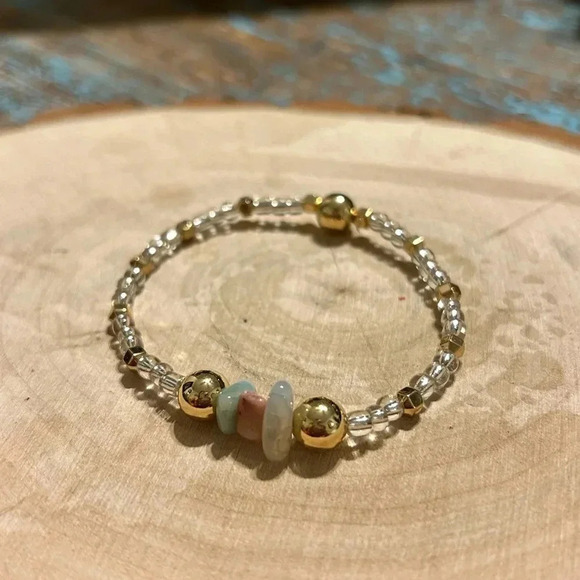 Handmade Jewelry - 🤍💛Handmade Blue Lace Agate + Rhodonite + Hematite Stackable Stretch Bracelet 🩵💘💛